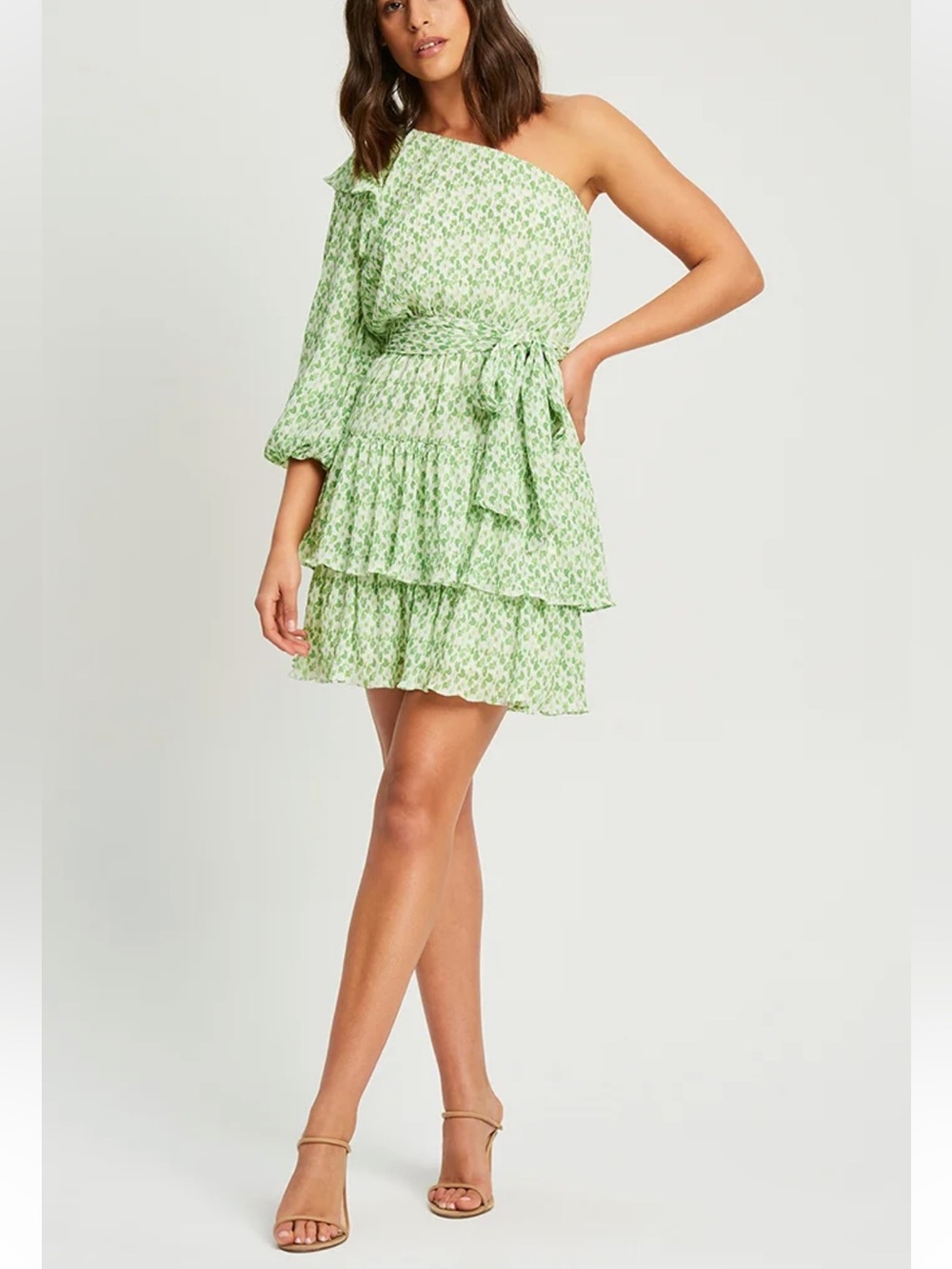 One-Shoulder Tiered Mini Dress with Self-Tie Waist in Light Green